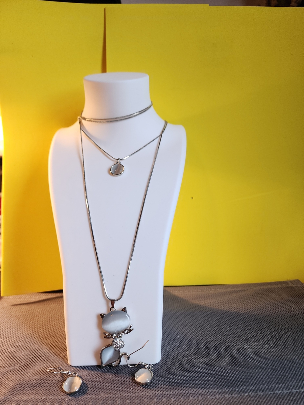 Silver-Tone Cat Pendant Layered Necklace and Earring Set - White Stones
